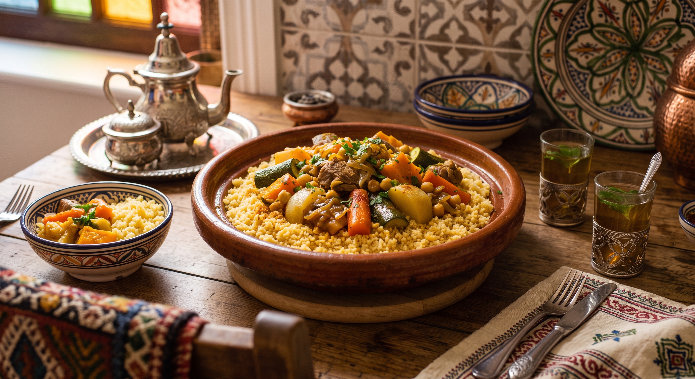 Tajine de couscous aux légumes, servi avec un thé à la menthe dans la vaisselle traditionnelle marocaine